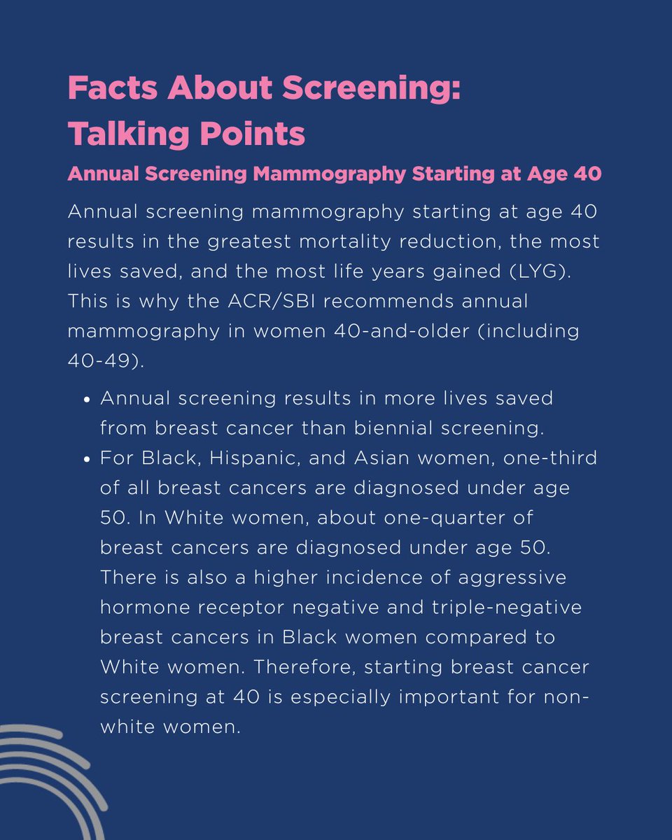 BreastImaging's tweet image. Annual screening mammography starting at age 40 remains one of the most effective tools we have for reducing breast cancer mortality.

Share these facts to support informed conversations about breast cancer screening.

#BreastCancerScreening #EarlyDetection