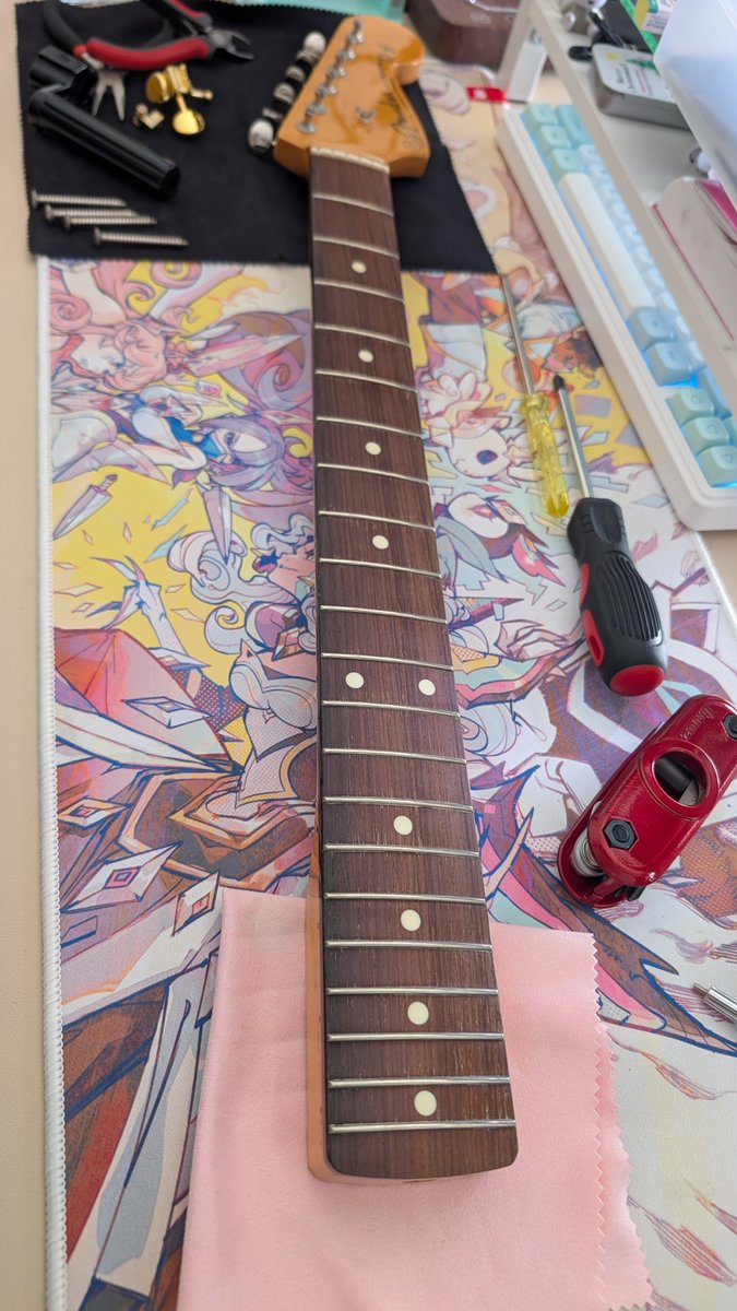 ウキウキワクワク3連休🎶

先日、某アリエクスプレスでジャズマスター用にロック式ペグを買いましたので、連休初日はジャズマス改造に取り掛かろうと思います🎸

初のペグ交換、ネック外したのも初めて！作業しやすくなったのでついでにフレットも磨きたい✨