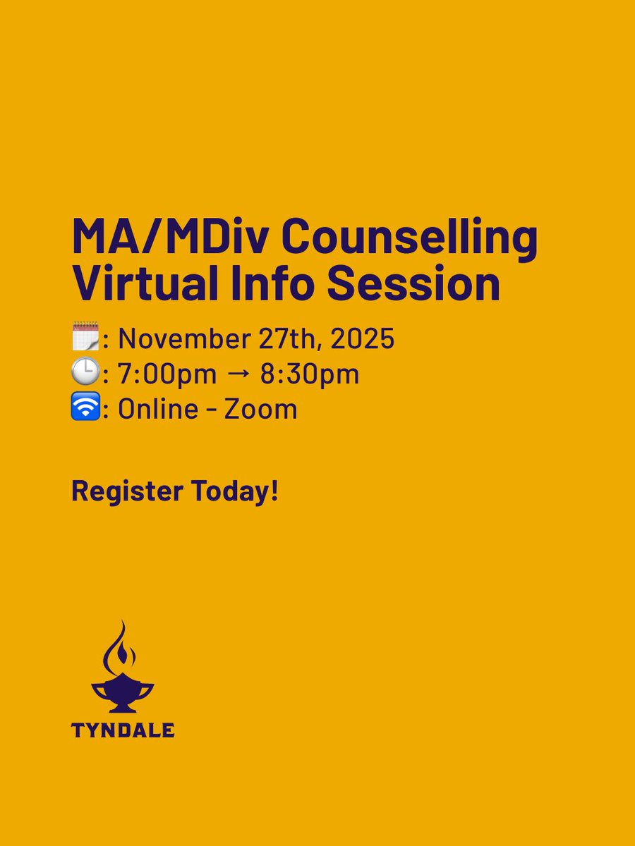Join our MA/MDiv Counselling Virtual Info Session on Nov 27th, 7:00 pm – 8:30 pm (EST) to learn about program tracks, placements, and admissions.

Register today: tyndale.ca/events/mamdiv-…

#tyndaleu #torontouniversity #findyourself
