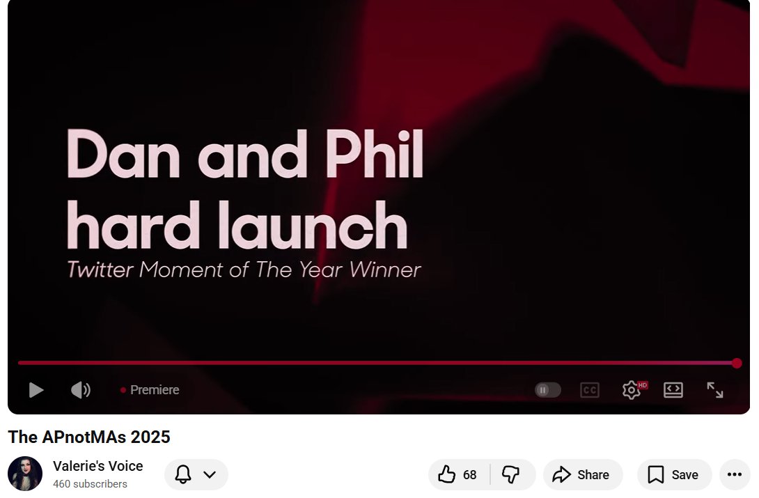 danandphilposts's tweet image. dan and phil&apos;s hard launch has won the 2025 APnotMA for Twitter Moment of the Year!! (via youtube: youtube.com/watch?v=U5I5wT… )