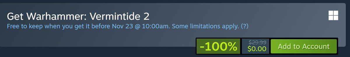 Warhammer: Vermintide 2 is free (to keep) on Steam.