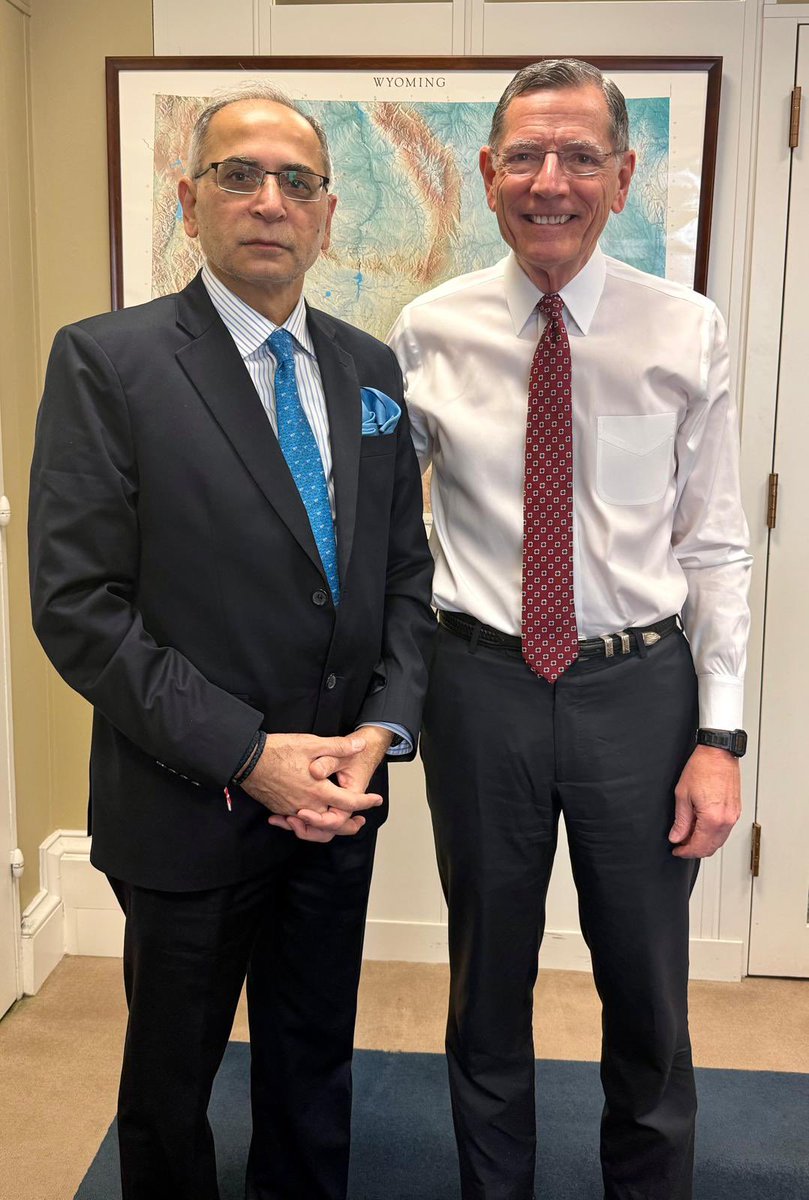 Honoured to meet with Senator <a href="/SenJohnBarrasso/">Sen. John Barrasso</a> , Majority Whip and member Senate Foreign Relations Committee in the Senate. Underscored salient drivers of the India-US strategic partnership. Spoke about our efforts to reach a balanced and mutually beneficial trade arrangement,