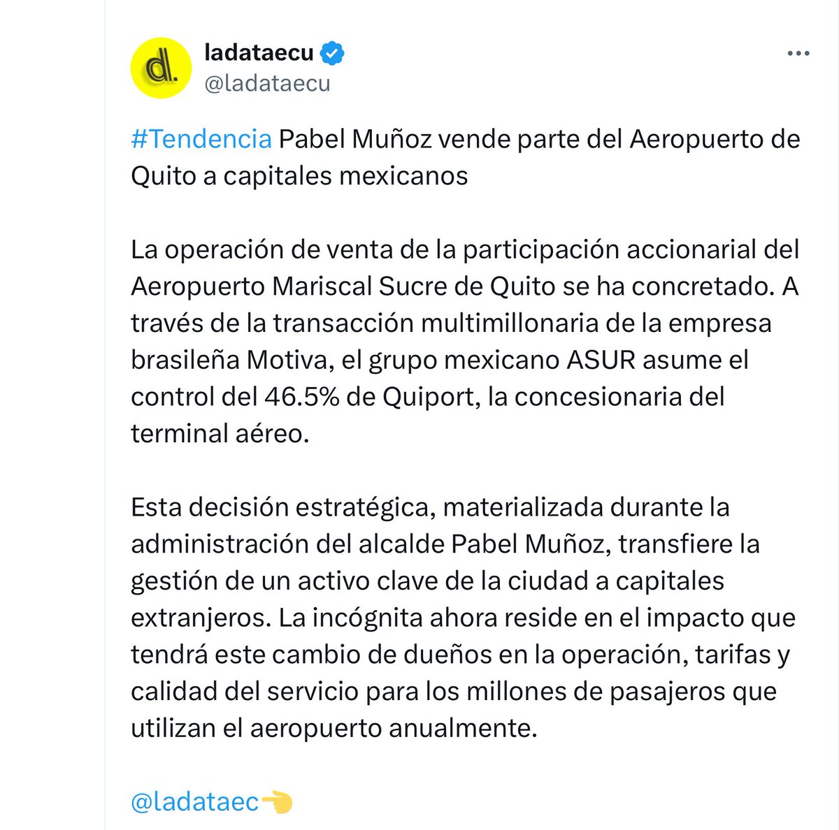 En el 2016 el <a href="/IESSec/">IESS</a> vendió el Hotel Quito a un consorcio chino que puso a gerenciar el hotel AL PADRE DE #PabelMuñoz 
Estuvo un año en ese cargo, TRANSFIRIÓ A LA EMPRESA CHINA EN EL 2017, TODOS LOS BIENES MÁS VALIOSOS COMO TERRENOS Y EDIFICIOS y en el 2018 renunció luego de