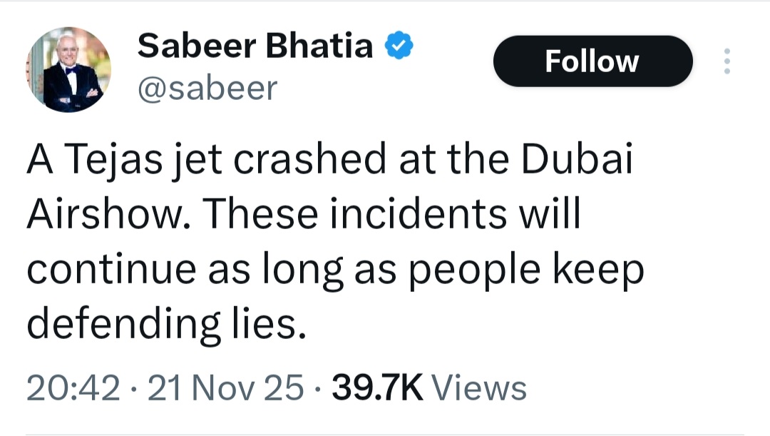 KhalidBaig85's tweet image. A Brave Indian Air Force Pilot passes away in a tragic accident, right in front of the eyes of his near &amp;amp; dear one&apos;s, his fellow countrymen &amp;amp; the entire world. Enter @sabeer Bhatia with his pathetic political brownie point scoring. And then people like him talk about humanity.