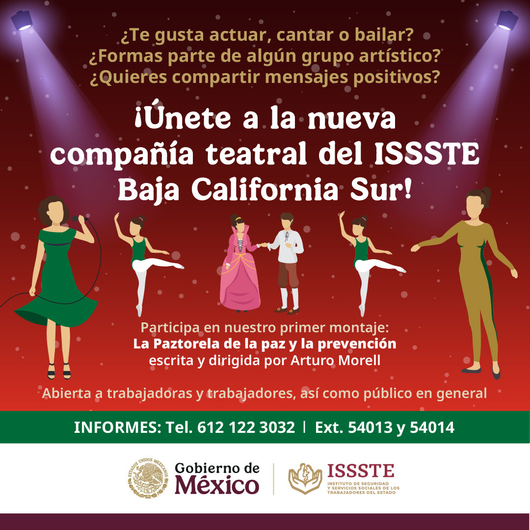 Issste_BCS's tweet image. 🎭 ¡Sé parte de la nueva compañía teatral del ISSSTE BCS!
Participa en La Paztorela de la paz y la prevención y comparte tu talento con la comunidad. #ISSSTE
