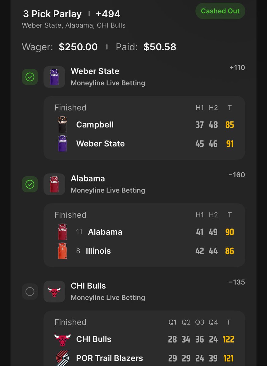 danloadprint's tweet image. Twice this week I’ve cashed out on 1-2k winning parlays. Someone end my misery. Insane wins too, Bulls, Wake Forest, St Thomas