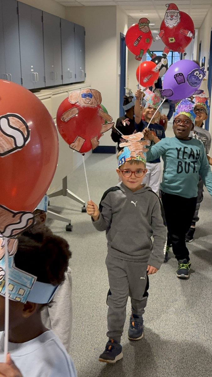 1st grade read the book, “Balloons Over Broadway” then paraded through the halls with their very own balloon creation. The book tells the story of the puppeteer who invented the giant balloons for the Macy’s Day Thanksgiving parade.