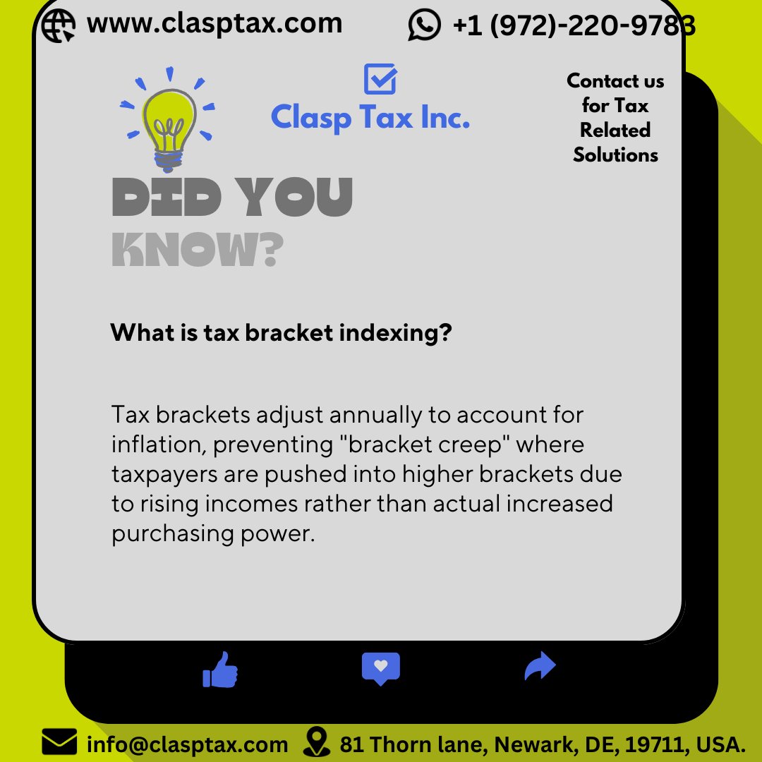 ClaspTaxInc's tweet photo. "Understanding Tax Bracket Indexing"

#taxseason2024 #ClaspTaxInc #usataxexperts #taxhelp #usataxfiling #ustaxfiling #maximizerefund #trustedtaxadvisor #BusinessTaxes #PersonalTax #taxsolutions #smallbusinesstax #irscompliance #securetaxfiling #professionaltaxservice #us https://t.co/ln4zvQs9A1