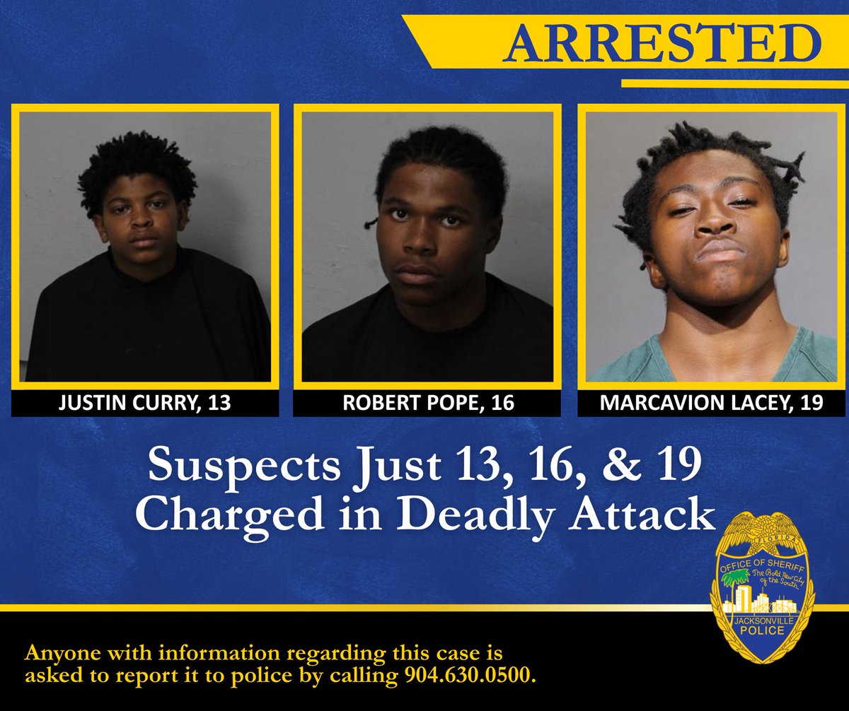 JSOPIO's tweet image. 𝐒𝐔𝐒𝐏𝐄𝐂𝐓𝐒 𝐉𝐔𝐒𝐓 𝟏𝟑, 𝟏𝟔 &amp;amp; 𝟏𝟗 𝐂𝐇𝐀𝐑𝐆𝐄𝐃 𝐈𝐍 𝐃𝐄𝐀𝐃𝐋𝐘 𝐀𝐓𝐓𝐀𝐂𝐊
The Jacksonville Sheriff’s Office has arrested three young suspects, just 13, 16 and 19 years old, for their roles in a vicious attack that killed a 64-year-old man downtown.

On Sunday,…
