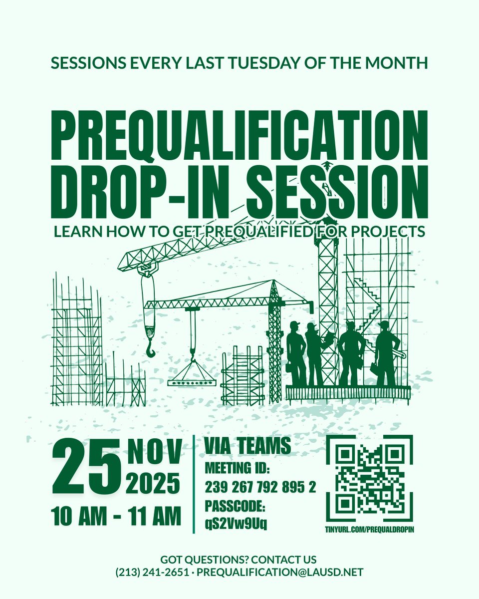 LAUSDpsd's tweet image. 🚧 Get prequalified for upcoming projects! Join our Drop-In Session on Nov 25, 2025 | 10–11 AM PST. Ask questions &amp;amp; get guidance.
🔗 tinyurl.com/prequaldropin
🆔 239 267 792 895 2
🔐 qS2Vw9Uq
#Prequalification #LAUSD