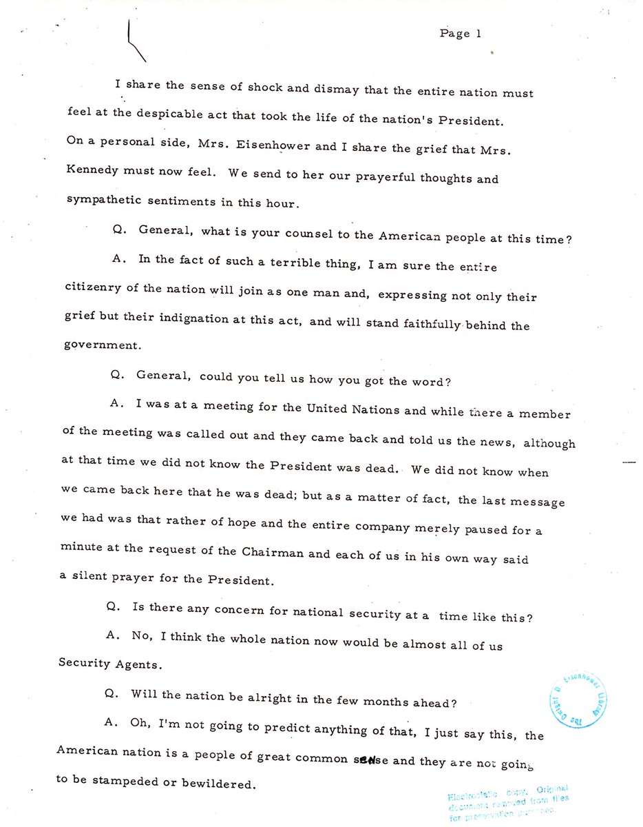 IkeLibrary's tweet image. Eisenhower&apos;s statement shared with the press following the assassination of President John F. Kennedy.
[Dwight D. Eisenhower: Post-Presidential Papers, 1963 Principal File, Box 31, ST Statements-Statement Made to Press Following Pres. Kennedy’s Assassination, Nov. 23, 1963]