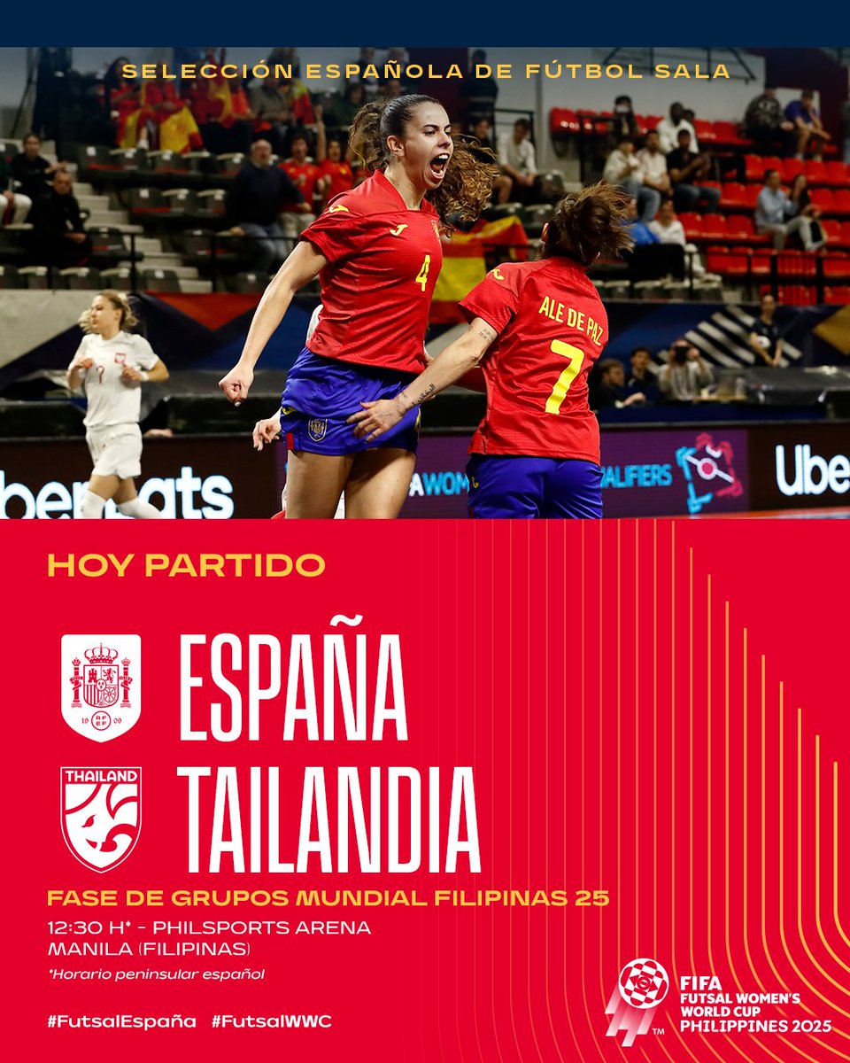 🚨 ¡𝗛𝗼𝘆 𝗱𝗲𝗯𝘂𝘁𝗮𝗺𝗼𝘀 𝗲𝗻 𝗲𝗹 𝗠𝘂𝗻𝗱𝗶𝗮𝗹!

🆚 Tailandia 🇹🇭
📍 Manila (Filipinas)
🏟️ PhilSports Arena
⏰ 12:30 hora peninsular española
📺 <a href="/teledeporte/">Teledeporte</a> 
🔗 PREVIA: bit.ly/3K7ENV1

#FutsalEspaña #FutsalWWC