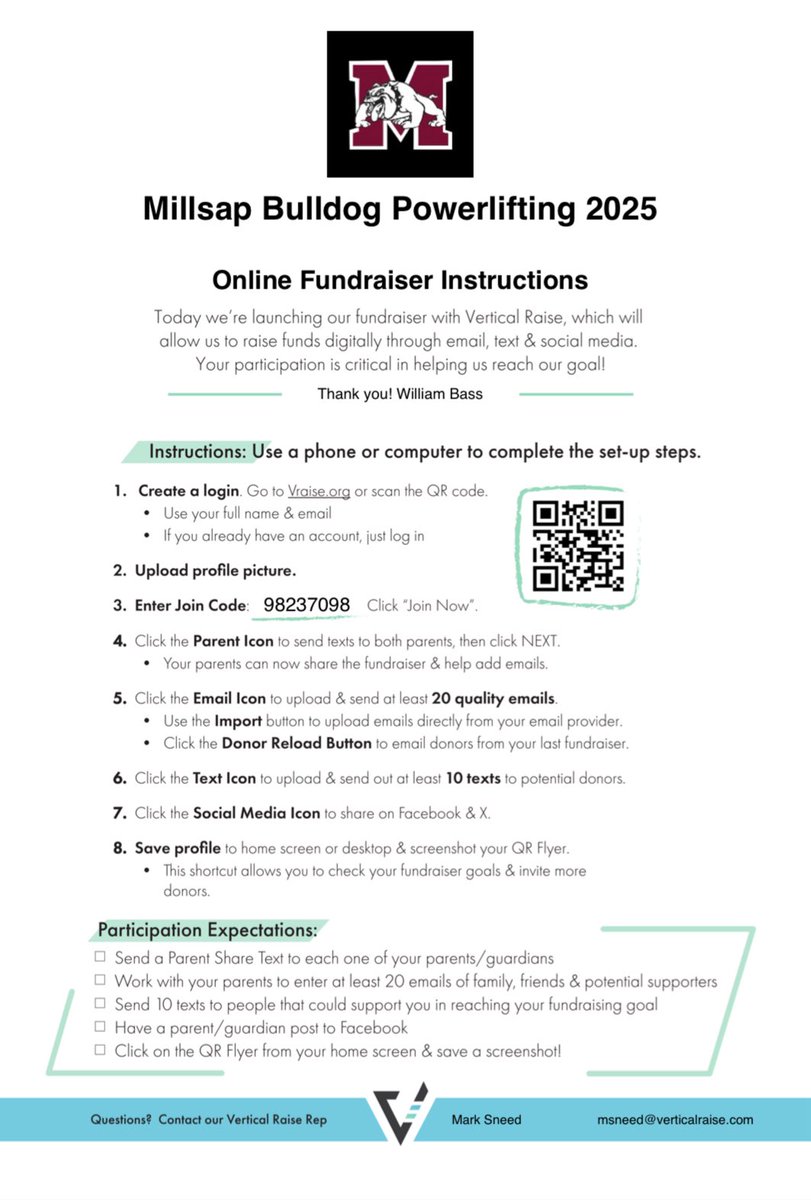 Millsap_PL's tweet photo. Millsap HS Powerlifting is doing an online fundraiser for equipment this year. We have 40 lifters signed up to compete this season! If interested please donate using the picture below! If interested in becoming a corporate sponsor please message me and I will get you the info. https://t.co/dI9E5WcAhW