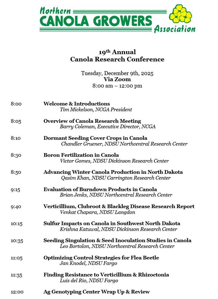 The Northern Canola Growers Association will hold its 19th Annual Canola Research Meeting via Zoom on Tuesday, December 9th beginning at 8:00am. northerncanola.com/news/19th-Annu…