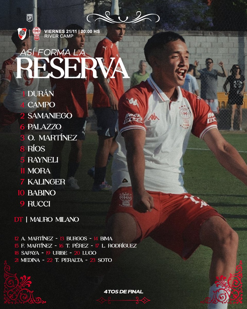 CAHuracan's tweet image. Así forma la Reserva dirigida por Mauro Milano para enfrentar a #River en Ezeiza, por los cuartos de final del #TorneoProyección 🗒️ 

📱Alentá a los pibes en Lpfplay.com y en TNT Sports 

#VamosGlobo 🎈
#HuracánYNadaMás