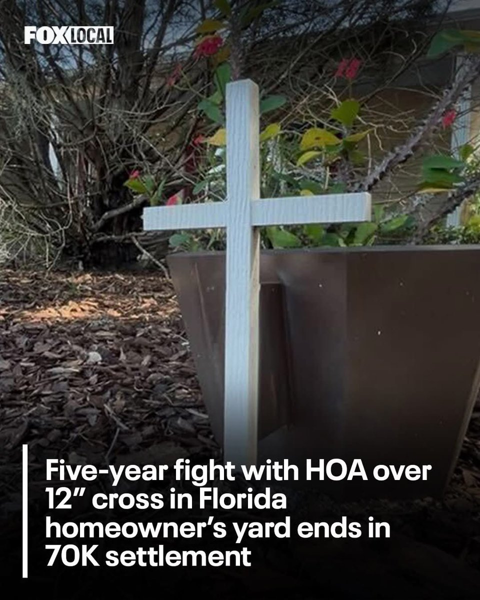 JimBobW49's tweet image. “Florida homeowner sued by community district over 12 inch-tall cross, wins $70,000”

The terms of the settlement require:
- The Village Community Development District 8 must pay $173,000 in court and legal fees.
- CCD 8 must also pay $70,000 to the Andersons.
- The 12&quot; white…