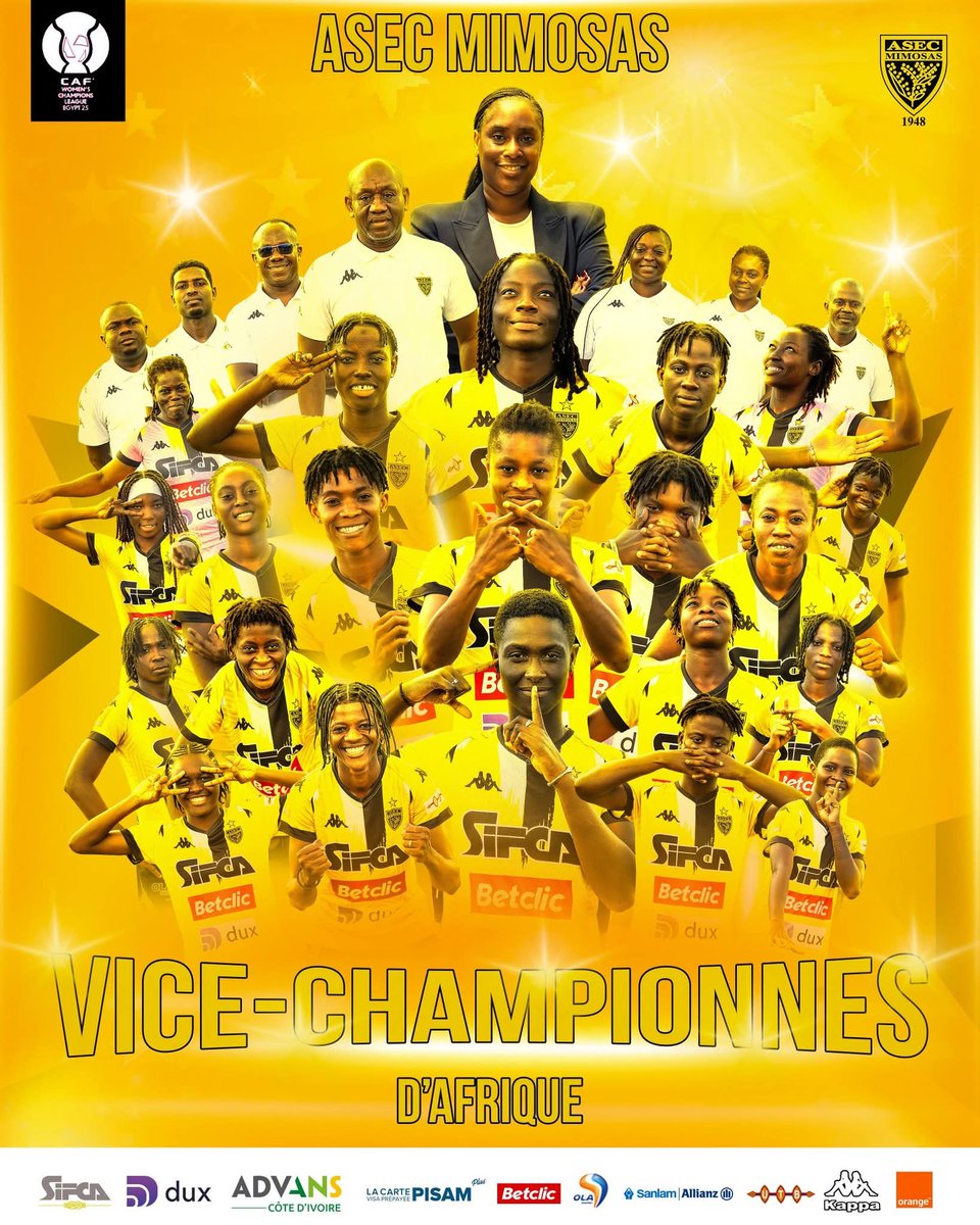 consultant225's tweet image. L&apos;ASEC Mimosas 🇨🇮 est VICE-CHAMPIONNES D&apos;AFRIQUE 💛🖤🥈

Parce qu&apos;elles n&apos;ont pas pu soulever le trophée de la Ligue des Champions féminine CAF. 🏆❌😭

Défaite 2-1 face à FAR RABAT, club marocain 🇲🇦. 

#CAFWL #ASEC #LeMeilleurConsultant