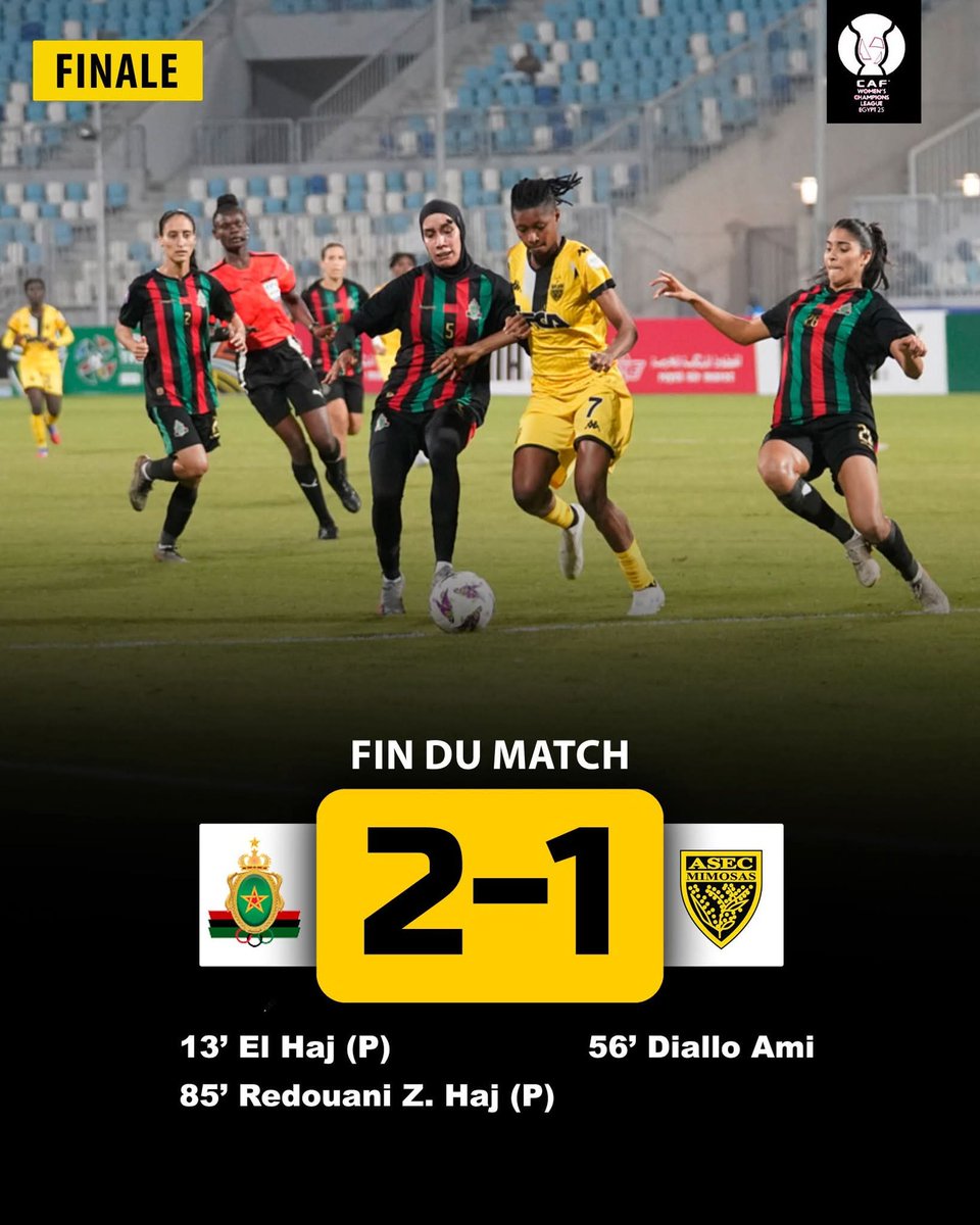 consultant225's tweet image. L&apos;ASEC Mimosas 🇨🇮 est VICE-CHAMPIONNES D&apos;AFRIQUE 💛🖤🥈

Parce qu&apos;elles n&apos;ont pas pu soulever le trophée de la Ligue des Champions féminine CAF. 🏆❌😭

Défaite 2-1 face à FAR RABAT, club marocain 🇲🇦. 

#CAFWL #ASEC #LeMeilleurConsultant