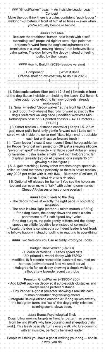ablebestcorrect's tweet image. Here’s your ready-to-copy X post (280 characters exactly):

 “GhostWalker”: the world’s first invisible-leader leash.  
A carbon-fiber pole + tiny holographic decoy robot walks 2–3 m ahead of your dog at perfect pace. Zero pulling, zero tension, just calm forward focus.