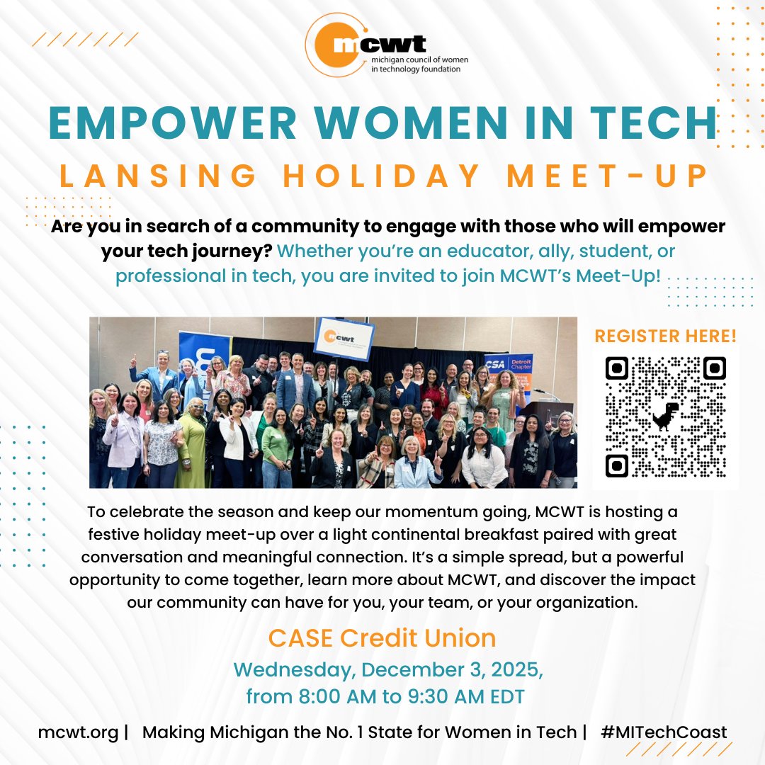 MCWT's tweet image. Looking for a community that supports and empowers your tech journey? ☕💻

Join us for the MCWT Holiday Meet-Up!
📅 Wednesday, Dec 3, 2025
⏰ 8:00–9:30 AM
📍 CASE Credit Union, 2400 West Rd, East Lansing, MI

🔗 Register here: mcwt.app.neoncrm.com/eventReg.jsp?e…