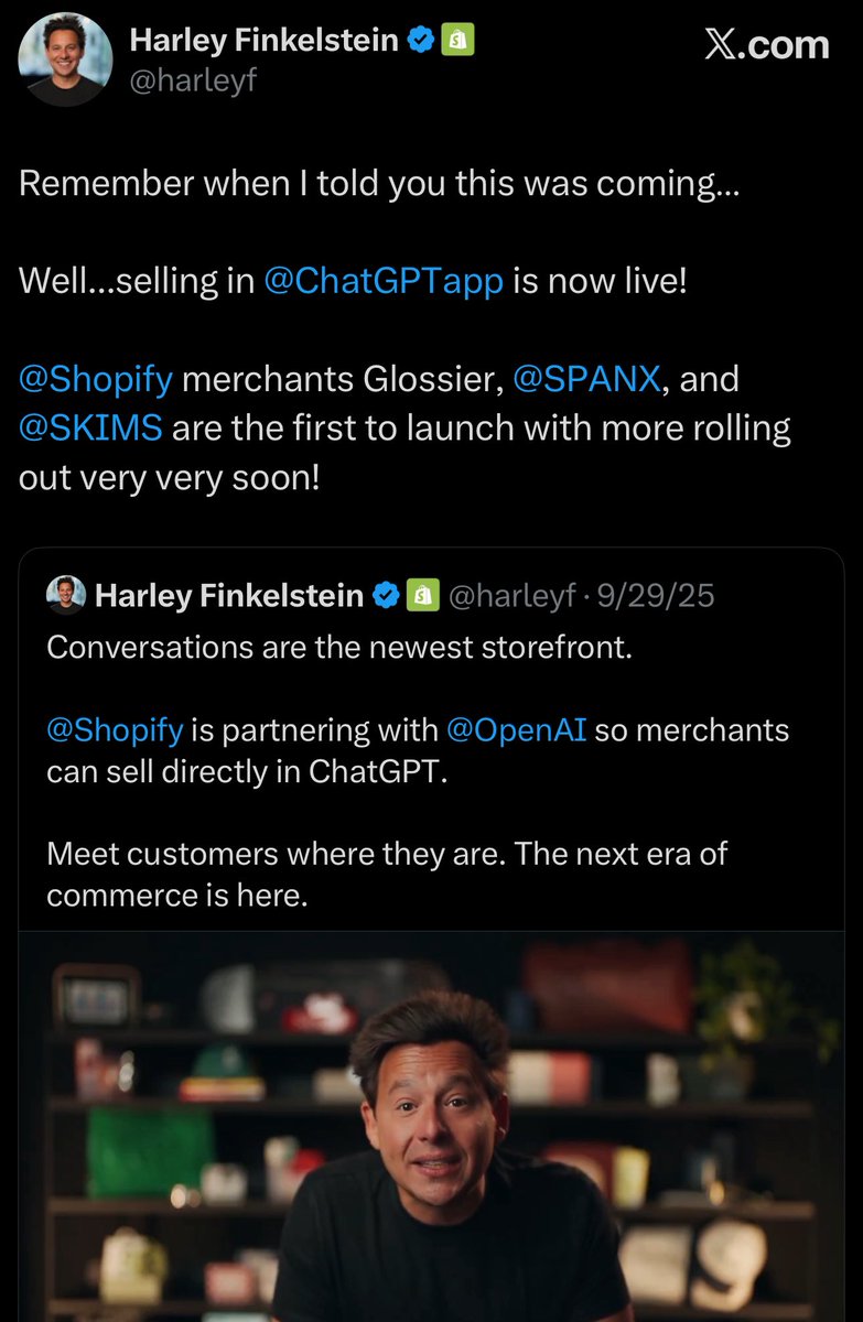 ColinGardiner's tweet image. This feels like a pivotal moment for Shopify&apos;s growth strategy. 

It seems similar to Stripe in that they&apos;re really focused on becoming the commerce piping rather than the marketplace themselves. 

Also, being the first mover to integrate with ChatGPT gives them the advantage of…