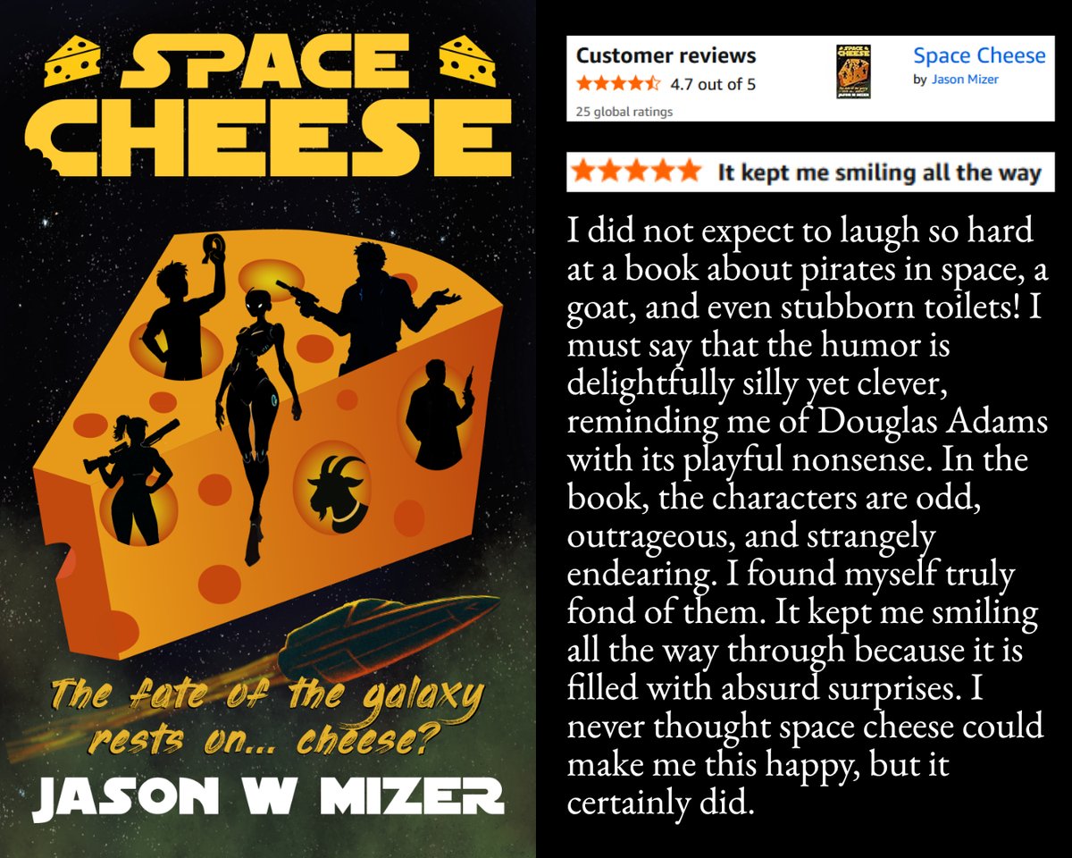JasonWMizer's tweet image. Hey Space Cheese readers! If the book made you laugh, curse at this silly universe, or squirt soda out of your nose from an unprepared-for giggle, a quick review would help me huge. 

Indie books live or die on visibility. May the duct tape be with you! 🤪👍