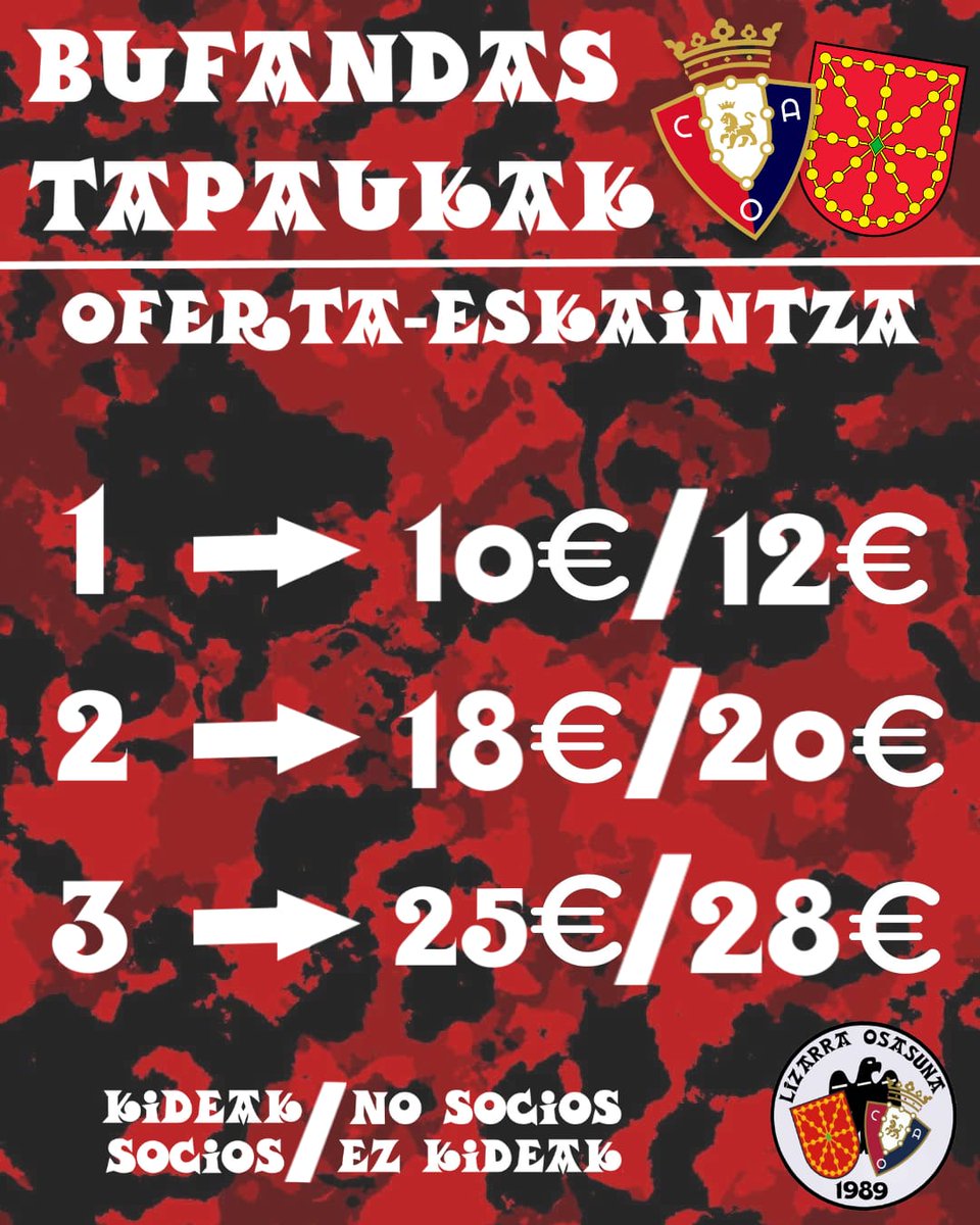LizarraMaterial's tweet photo. BUFANDAS/TAPAUKAK

OFERTA
1 --> 10€ Socios/12€ No socios
2--> 18€ Socios/20€ No socios
3--> 25€ Socios/28€ No socios

OJO: Tienen que ser modelos diferentes https://t.co/t2dOBRebLS