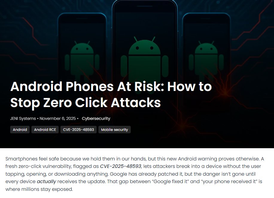 JeniSystems's tweet image. A new Android zero click flaw lets attackers break in without a tap, so update your phone before it turns into a silent problem. jenisystems.com/android-zero-c… #zeroclick #androidsecurity