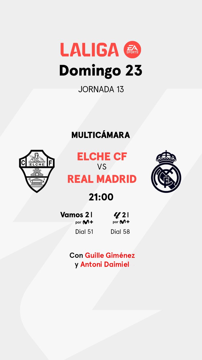 MPlusDeportes's tweet photo. La Misa del domingo. 

⏰ 20:55
⚽️ Elche - Real Madrid

📺 Vamos 2 por M+ (dial 51)
📺 Multicámara de @LaLiga (dial 57)

@ADaimiel @guillegimenez_

#LaMulticámaraDeTodaLaVida https://t.co/bcre3R3FuE