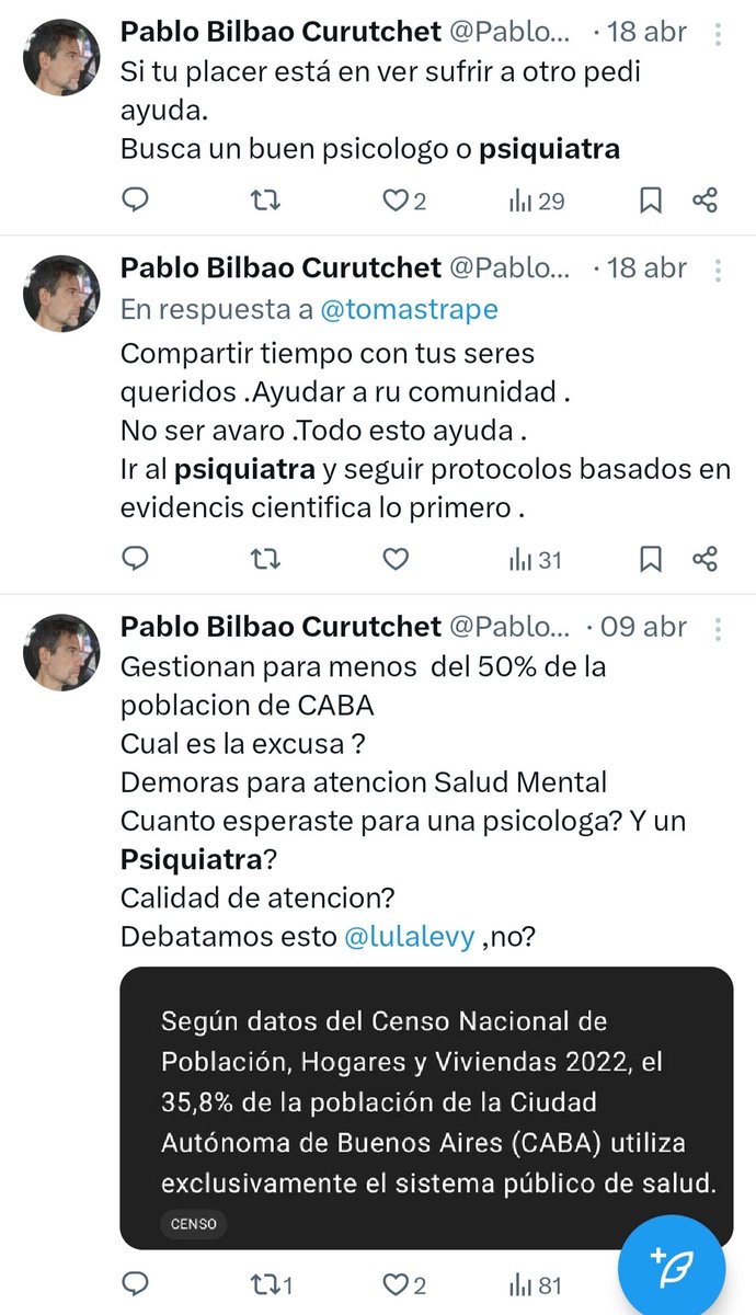 OTRO ARGENTINO...
Empiezo a pensar que tienen un problema gordo psiquiátrico 
Me dice q me busque un buen psiquiatra 😁

Y resulta que está obsesionado con las vacunas, los gusanos, los psiquiatras y los preservativos
😂😂😂😂

Joder cómo está la fauna
