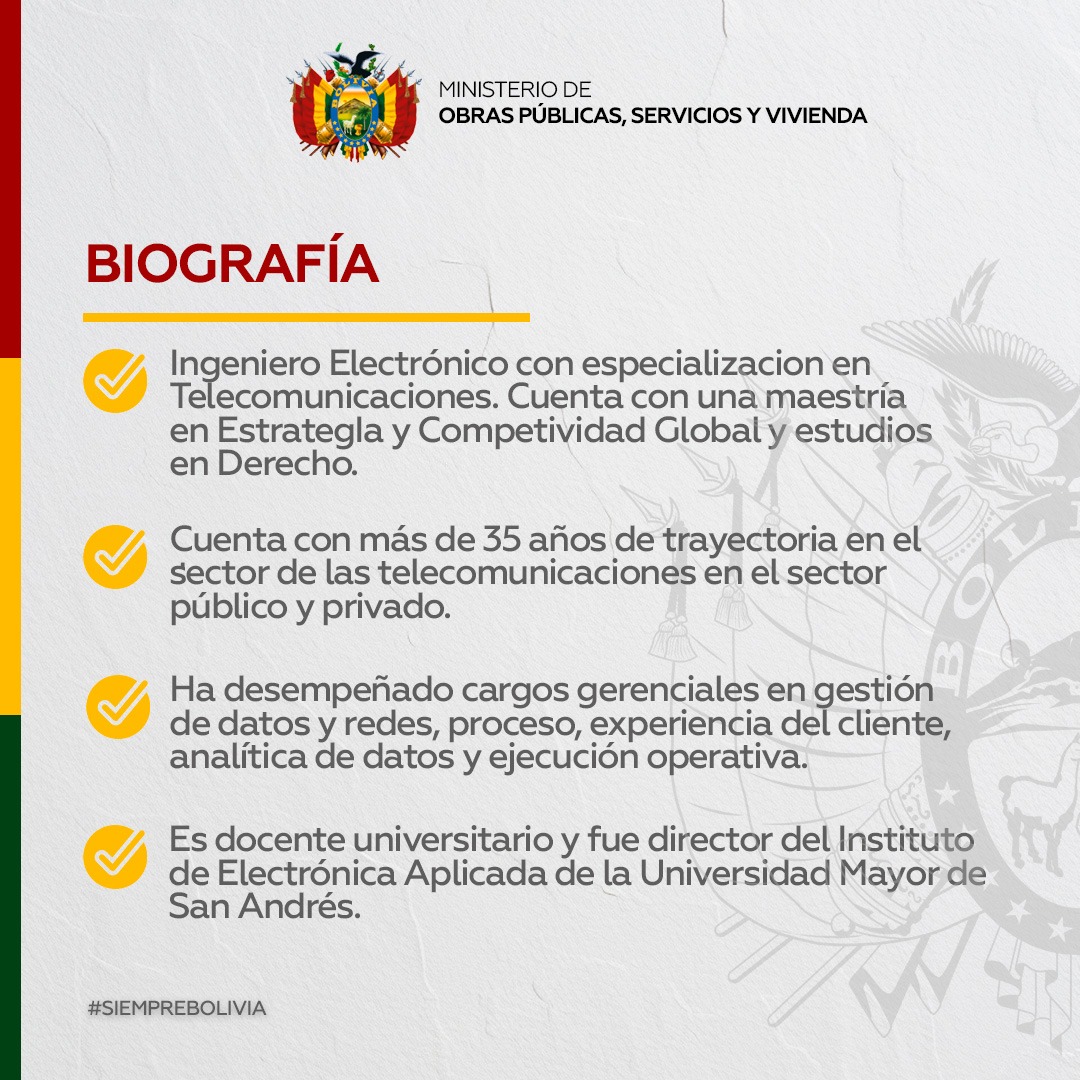 Presentamos a Wilber Salvador Flores Bustillos, nuevo Viceministro de Telecomunicaciones. Es Ingeniero Electrónico con especialidad en Telecomunicaciones, y posee una Maestría en Estrategia y Competitividad Global. Cuenta con más de 35 años de experiencia en el sector.
