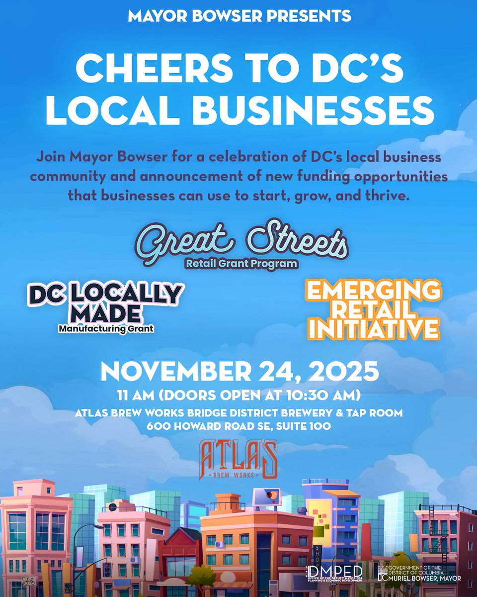 AnacostiaBID's tweet image. 📢 @Mayorbowser will host an event on Nov 24, 2025 at 11am to announce new funding opportunities for DC small businesses, entrepreneurs, and community organizations.

Stay tuned for details on how to access these resources! 💼✨

#DCBiz #MayorBowser #DCFunding