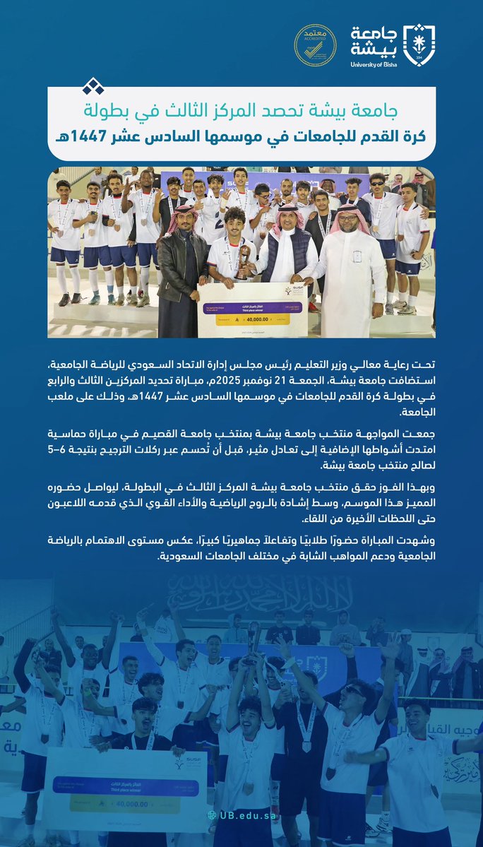 Bisha_U's tweet image. #جامعة_بيشة تحصد المركز الثالث في بطولة كرة القدم للجامعات في موسمها السادس عشر 1447هـ @Susfchannel