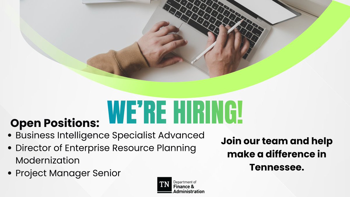 TNDeptofFandA's tweet photo. 📢 The State of Tennessee is Hiring!
Apply today and help shape Tennessee’s future.
#TeamTN #StateOfTNJobs #TNStateGovernment #NowHiring #DepartmentofFinanceandAdministration https://t.co/CtdZ8YDEPH