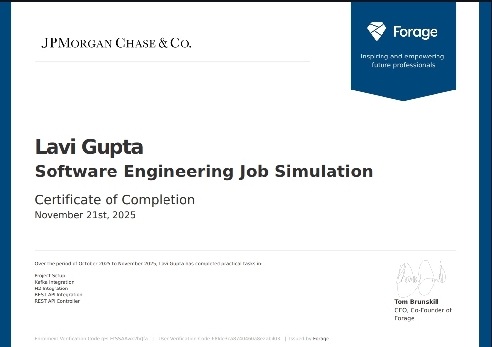 LaviGupta88's tweet image. Excited to share that I have completed the Software Engineering Job Simulation by JP Morgan! Gained hands-on experience in Project Setup, Kafka, H2, REST API integration, and more. Ready to take on new challenges!

#JPMorgan #SoftwareEngineering #RESTAPI #Kafka #JobSimulation