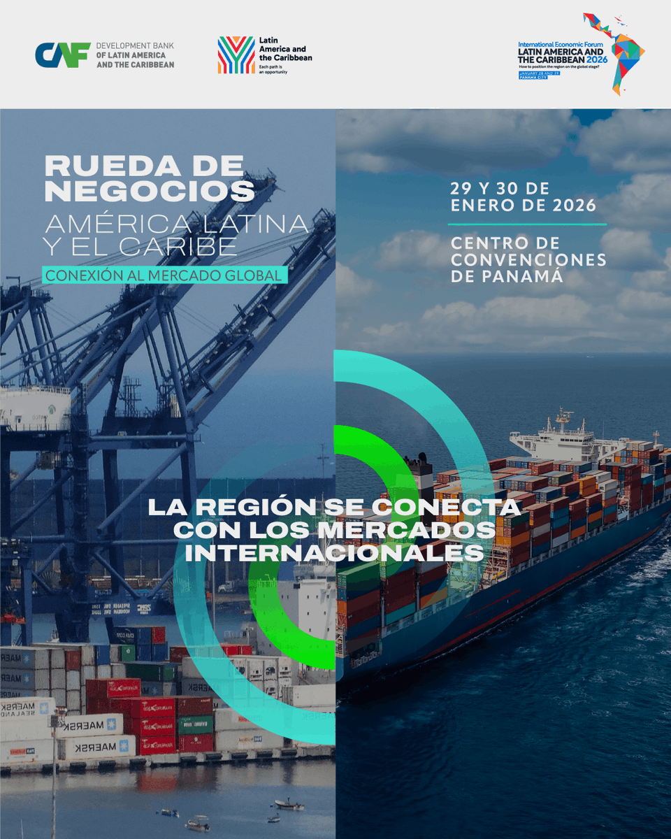 AgendaCAF's tweet photo. 🌎 En el marco del Foro Económico Internacional América Latina y el Caribe 2026, llega la Rueda de Negocios, un encuentro clave para conectar empresas exportadoras de la región con compradores internacionales y fortalecer la integración económica.

🗓️ 29 y 30 de enero | Centro de Convenciones de Ciudad de Panamá
📈 300 empresas exportadoras
🌍 150 compradores de América, Europa y Asia

🔗 Inscríbete y haz parte del mercado global https://t.co/vABzbF2cFh