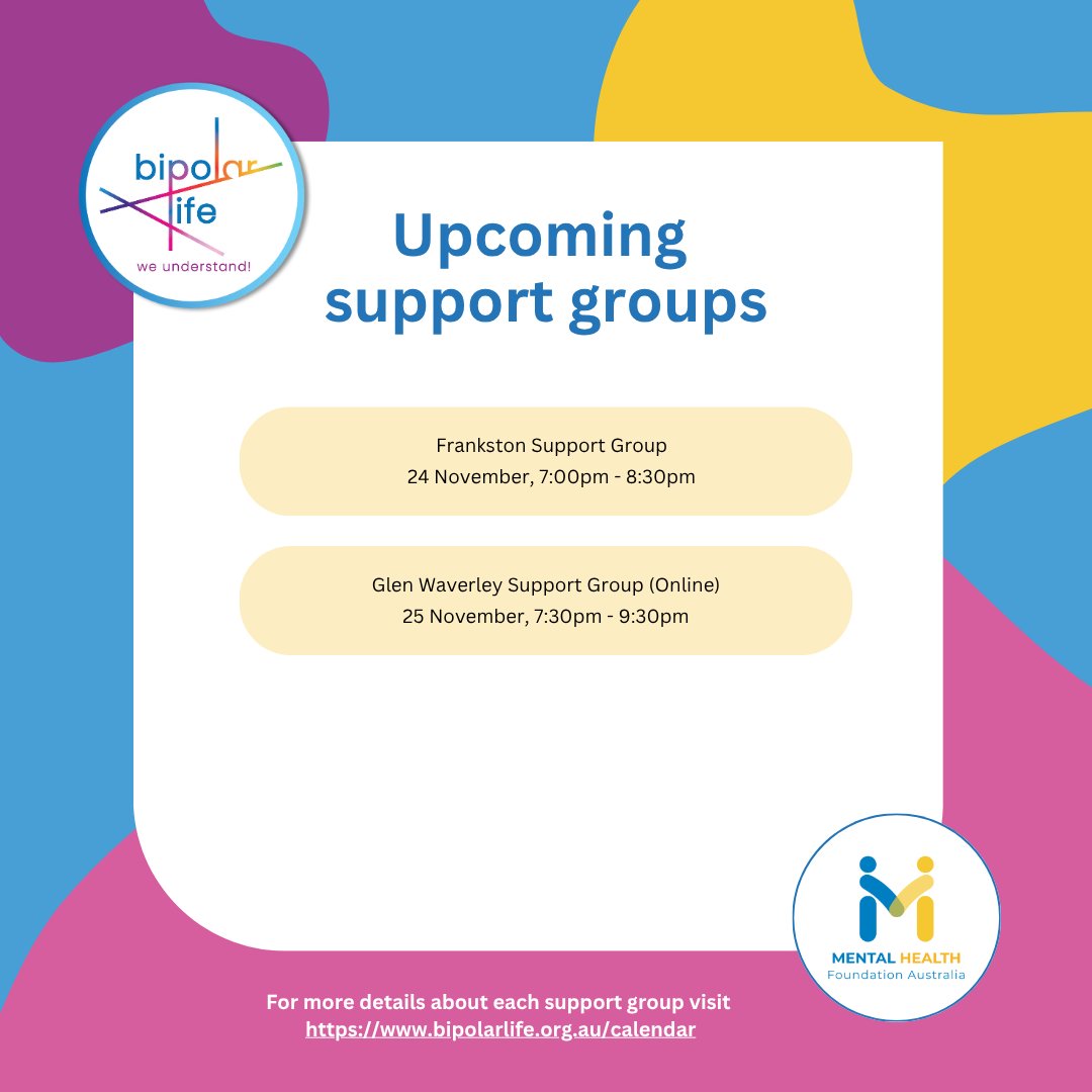 BipolarLifeVic's tweet image. Upcoming support groups next week, for more details visit our website: bipolarlife.org.au/calendar

#bipolar #bipolarsupport #supportgroup #victoria #australia