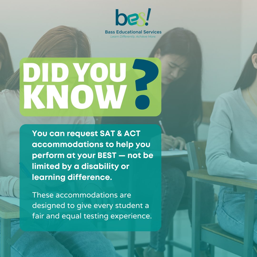 BassEducational's tweet image. ✨ Fair tests. Equal chances.
If you have a documented need, you may qualify for SAT/ACT accommodations — and applying is easier than you think.
Need smarter study strategies?


👉 Meet a BES consultant: hubs.ly/Q03VqMjJ0
#SATTips #ACTTips #SATAccommodations
