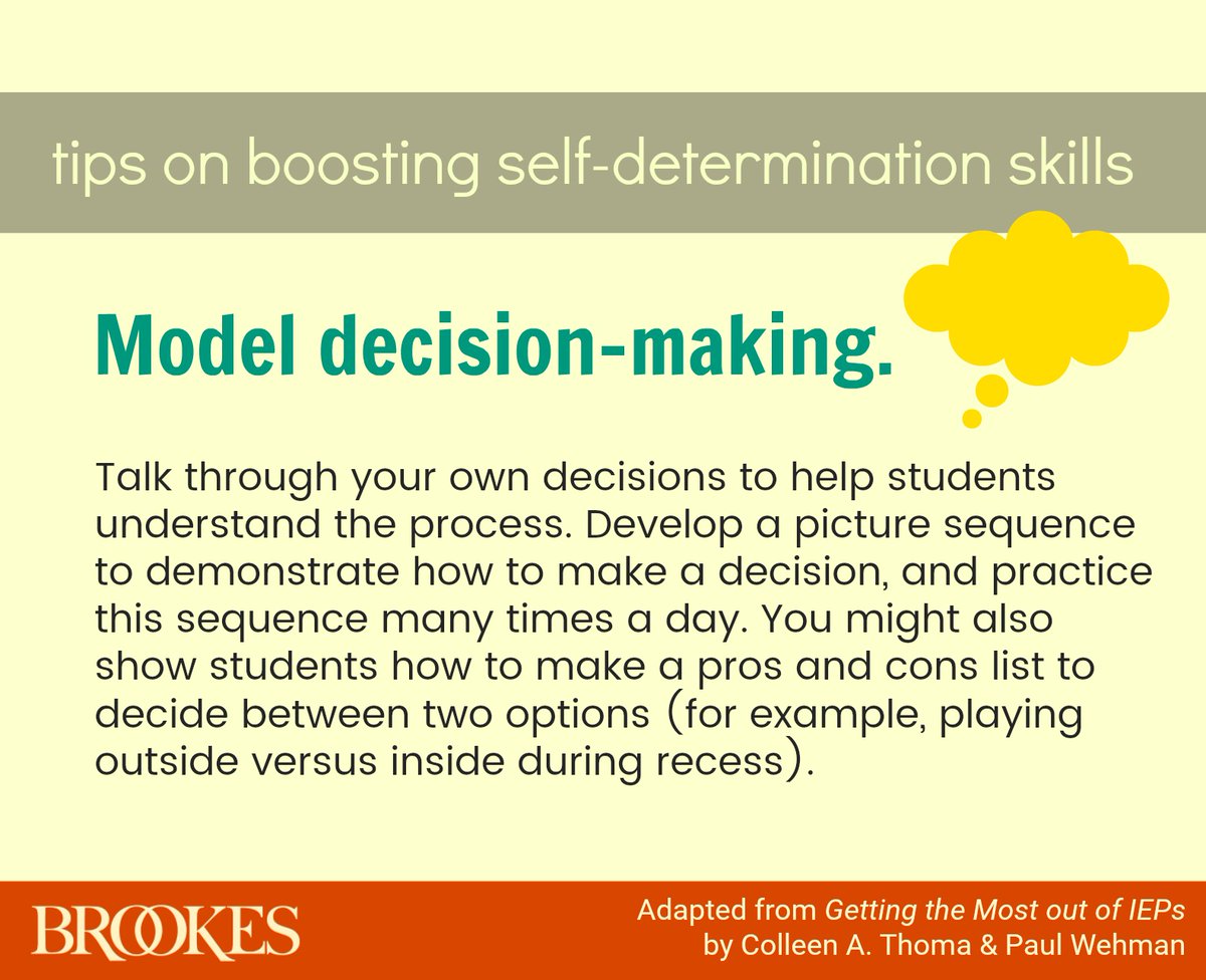 BrookesPubCo's tweet image. Give students&apos; self-determination skills a boost by modeling effective decision-making. (Read the blog post for more guidance: ecs.page.link/5Vq5) #ExecutiveFunction #SelfDetermination #k12 #TeachingTips