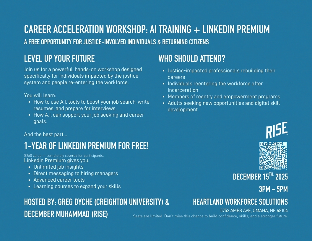 SeeUsRise_'s tweet image. Join our FREE Career Acceleration Workshop on Dec 15! 🚀✨ Get A.I. training &amp;amp; a year of LinkedIn Premium! #SecondChances #FutureReady #WorkforceDevelopment #RISE #Omaha seeusrise.org/events/career-…