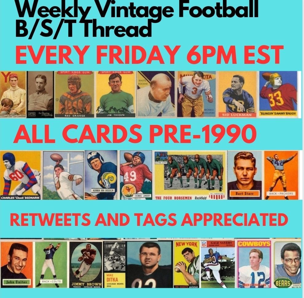#FridayVintageFootball TIME!!  🏈

***PLEASE Retweet and/or tag someone****🏟️

🏉Cards MUST be pre-1990🏉

🏈ALSO - autos &amp; relics of pre-1990 players; pre '90 matchbooks, post cards, etc🏈

🏉ALL welcome to sell, buy or post wantlists🏉

HAVE FUN🏈

#vintage #football