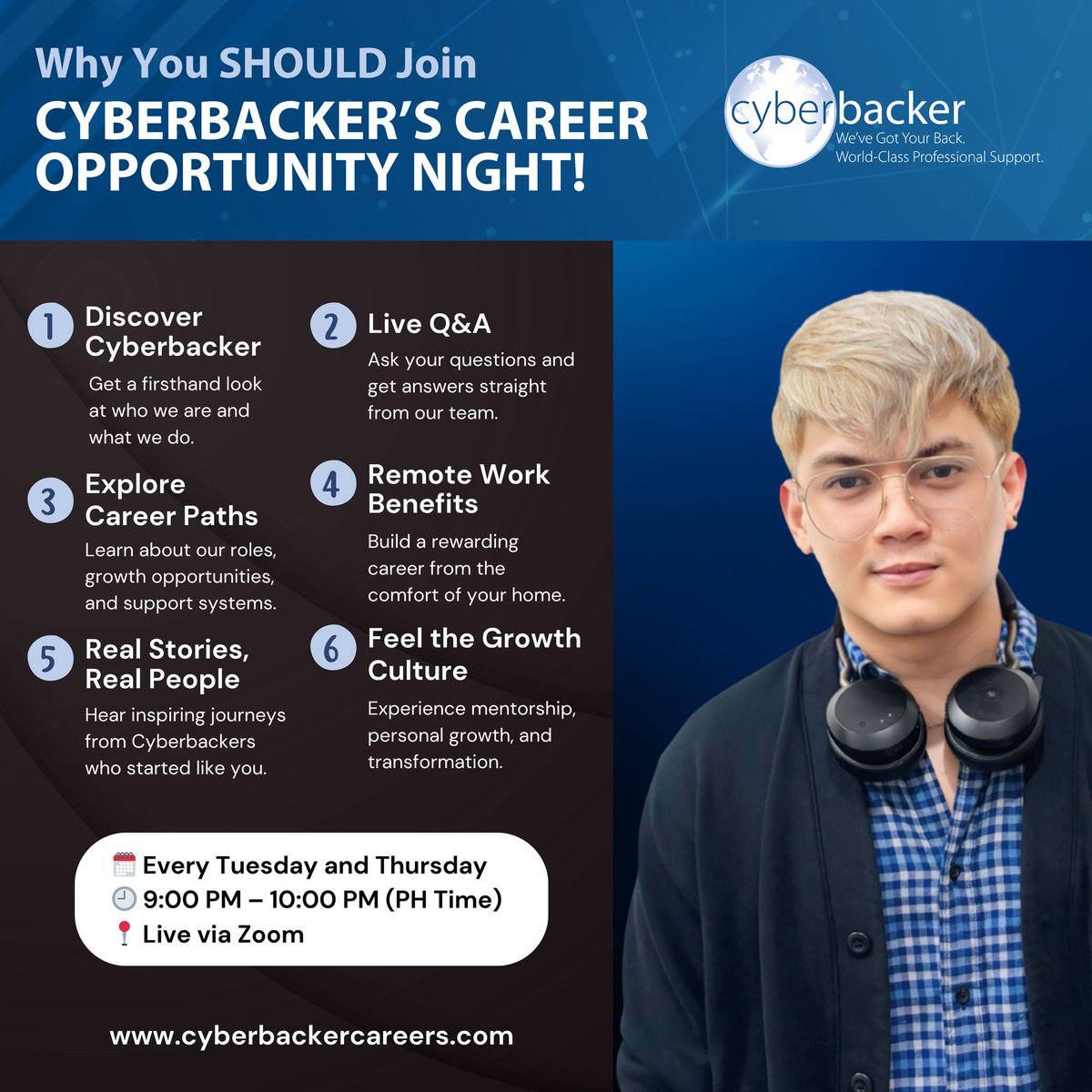 CyberbackerKr's tweet photo. Join Cyberbacker’s Career Opportunity Night and discover how you can grow with us!

➡️ Every Tuesday &amp; Thursday

➡️9:00 PM – 10:00 PM (PH Time)

➡️Live via Zoom

Register now: https://t.co/e4HtHAWfLw

Your future career starts here. Don’t miss it! https://t.co/rX7Et7wWsD