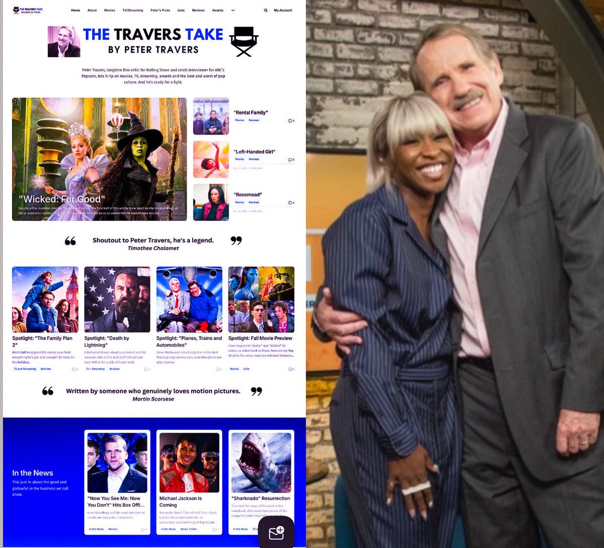 petertravers's tweet image. The Travers Take, Thanksgiving edition, is all about the exploding box-office for Wicked: For Good  (that’s me with a pre-Elphaba Cynthia Erivo when she still wore wigs). And critics be damned, she and Ariana Grande are twice as wonderful the second time around. Much more with…