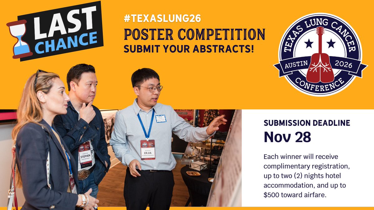 Time's running out to submit your abstracts to the #TexasLung26 Poster Competition! Submit by Nov 28th for a chance to win and be a part of the 4th annual 2-day CE-accredited #TexasLung26 conference in Austin, TX, April 9-11, 2026. Encores are welcomed and encouraged. View