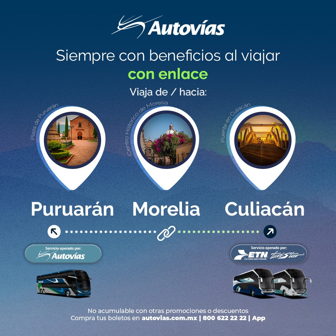 autovias_'s tweet image. 🌍 Viaja cómodamente de Puruarán a Morelia con Autovías y #Enlaza con ETN Turistar hacia Culiacán.
🎫 Compra tus boletos directamente en nuestras taquillas y disfruta del viaje sin complicaciones.

#AutovíasTeLleva #RutasDeEnlace #ViajaConAutovías #ETNTuristarLujo #ConectaMéxico