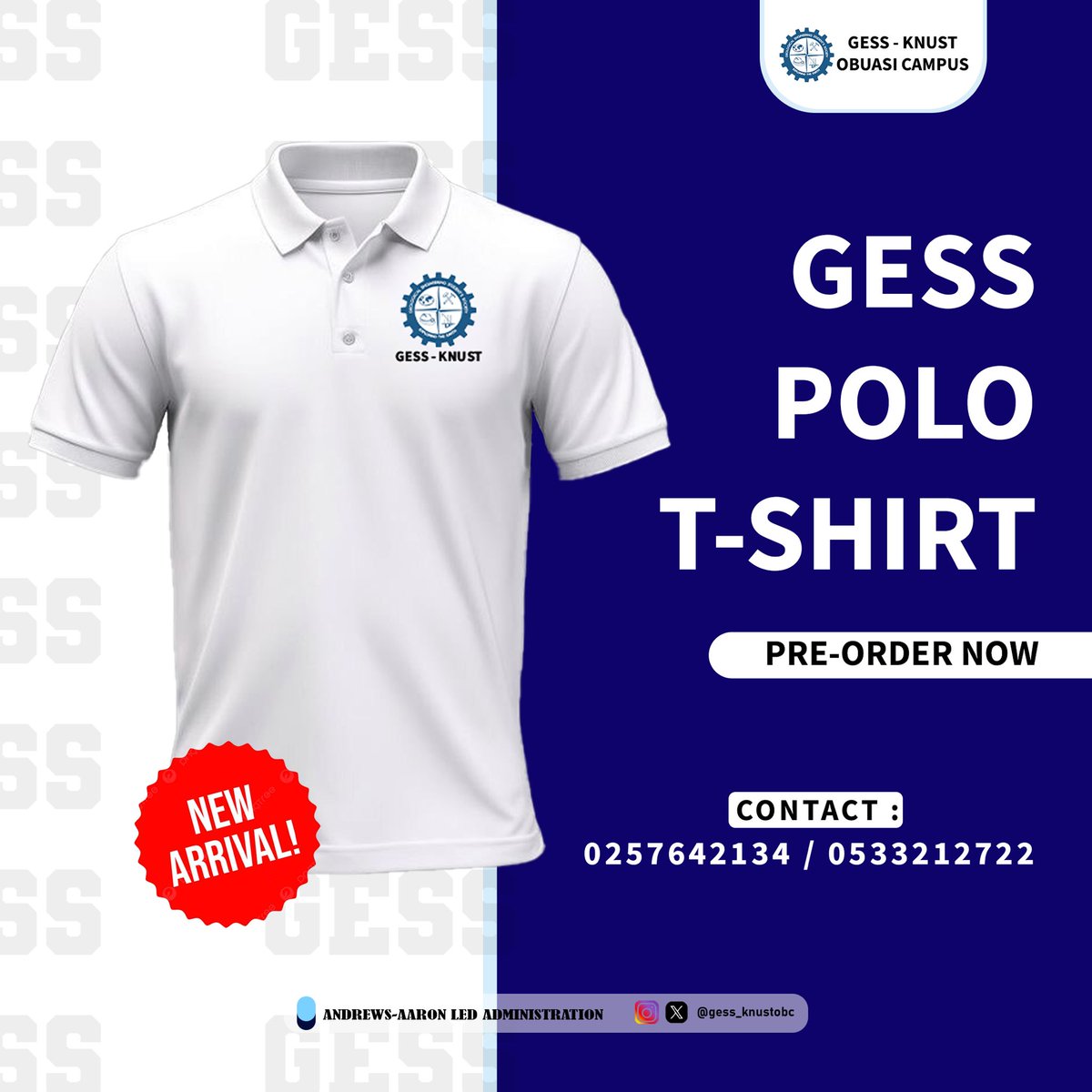 gess_knustobc's tweet photo. 🔥 *New Arrival Alert!* 📢📌
The Geological Engineering Student Society (GESS) is pleased to announce the New Arrival of the department's official Polo T-shirts👕
This is an essential for all students to proudly represent our society.
PRE-ORDER NOW:   
Price: *55gh¢*
0257642134 https://t.co/732VKBbaWS