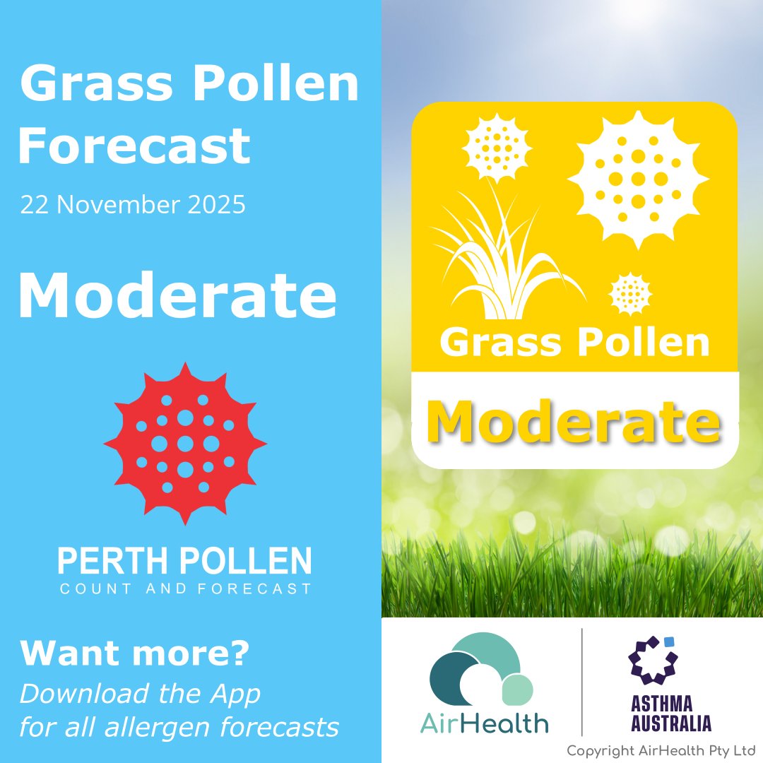 PerthPollen's tweet image. Today&apos;s grass #pollen forecast for Perth is Moderate (Saturday, Nov 22). Take necessary precautions. Stay informed with our App: airhealth.short.gy/perth_pollen

Powered by AirHealth, supported by @AsthmaAustralia.