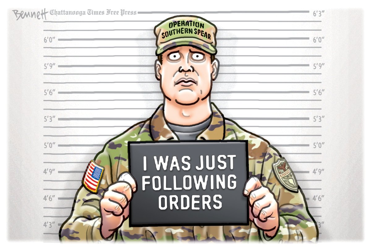 BennettCartoons's tweet photo. 11/22/2025- The Mugshot #UniformCodeOfMilitaryJustice #UCMJ #DisobeyIllegalOrders #UnlawfulOrders #OperationSouthernSpear #Trump  https://t.co/AIG0hWllGk https://t.co/0eRf0YJqJa