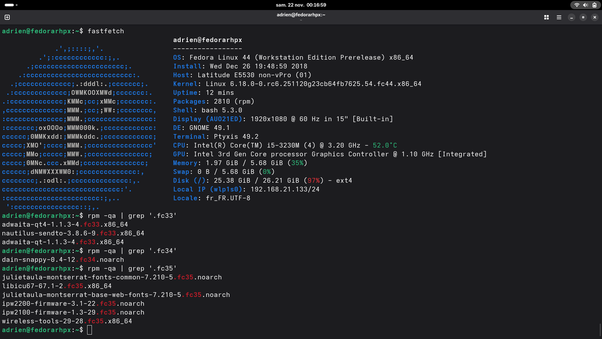 _adriend_'s tweet image. Le problème d&apos;avoir une machine avec Fedora Linux &quot;Rawhide&quot; depuis 7 ans, c&apos;est qu&apos;il y a des résidus de Fedora 33 encore sur la machine 🤣
#Fedora #FedoraLinux #FedoraContributor