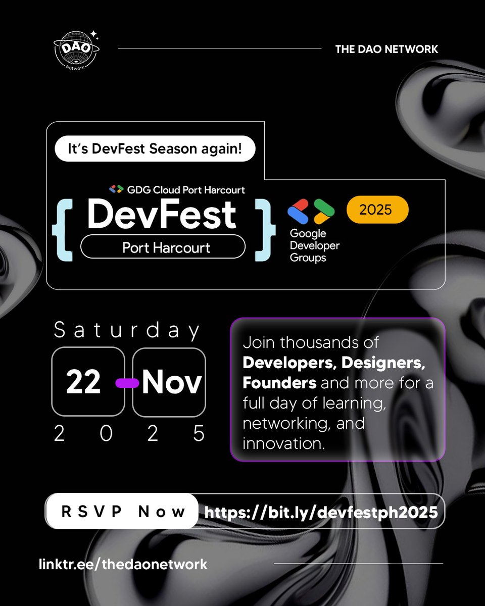 thedaonetwork_'s tweet image. The biggest tech festival in the South-South is BACK and bigger than ever!
Developers, designers, founders, and tech enthusiasts, come through for an action-packed day of learning, networking, and innovation.
You do NOT want to miss this!